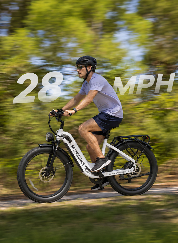 SASIKEIBIKE C6 electric fat tire bike splashing through coastal water during a summer ride