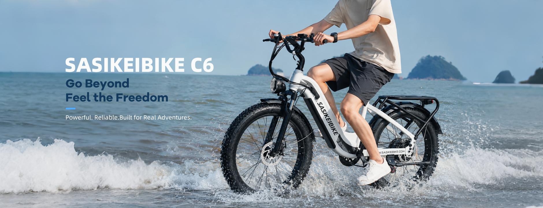 SASIKEIBIKE C6 white fat tire electric bike riding through shallow beach water